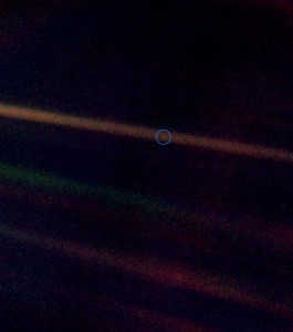 The famous "pale blue dot" photograph, showing Earth as a pale blue dot in the ecliptic as viewed from the Voyager space probe.