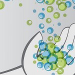 Image of a hand collecting green and blue bubbles.